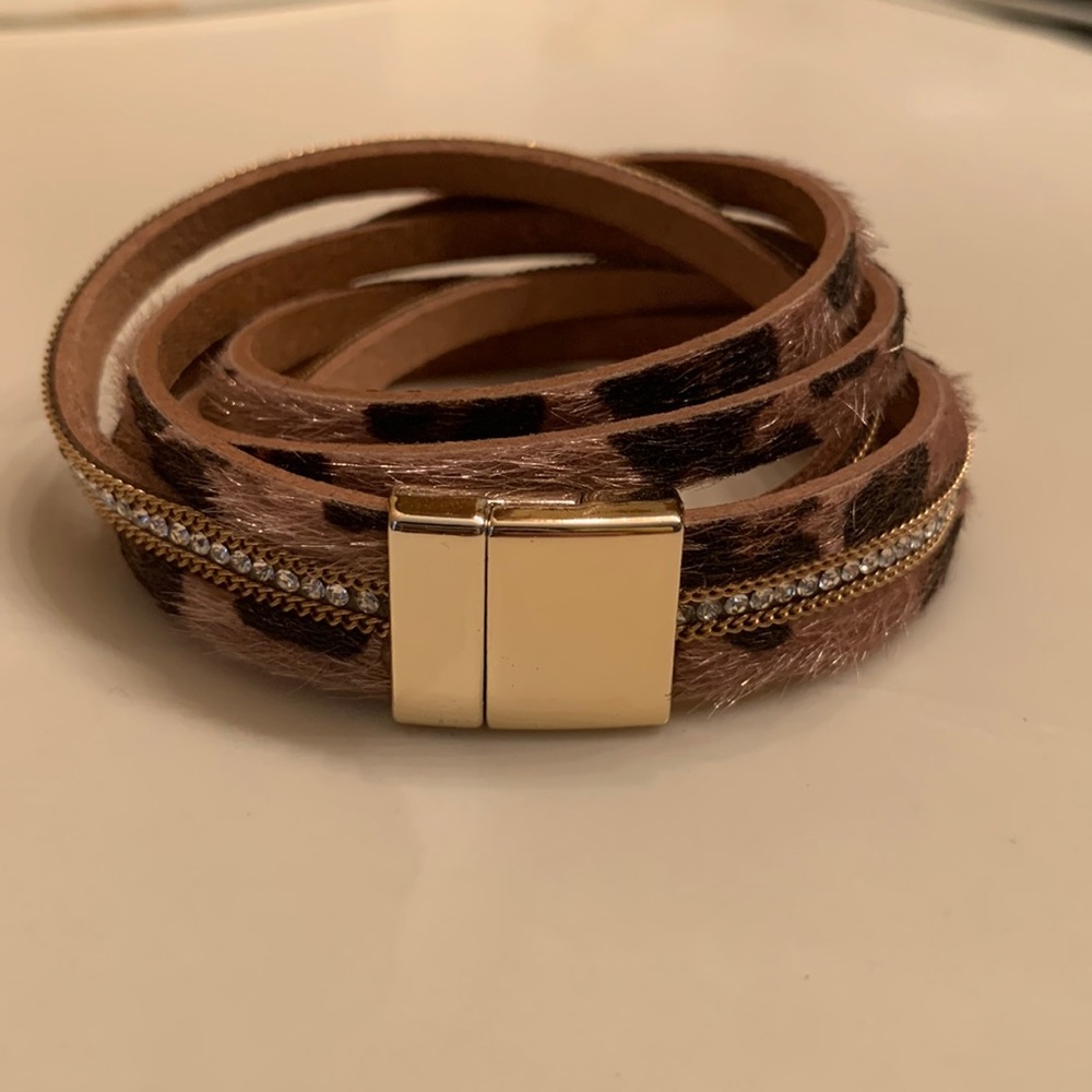 Faux cowhide wrap bracelet.
